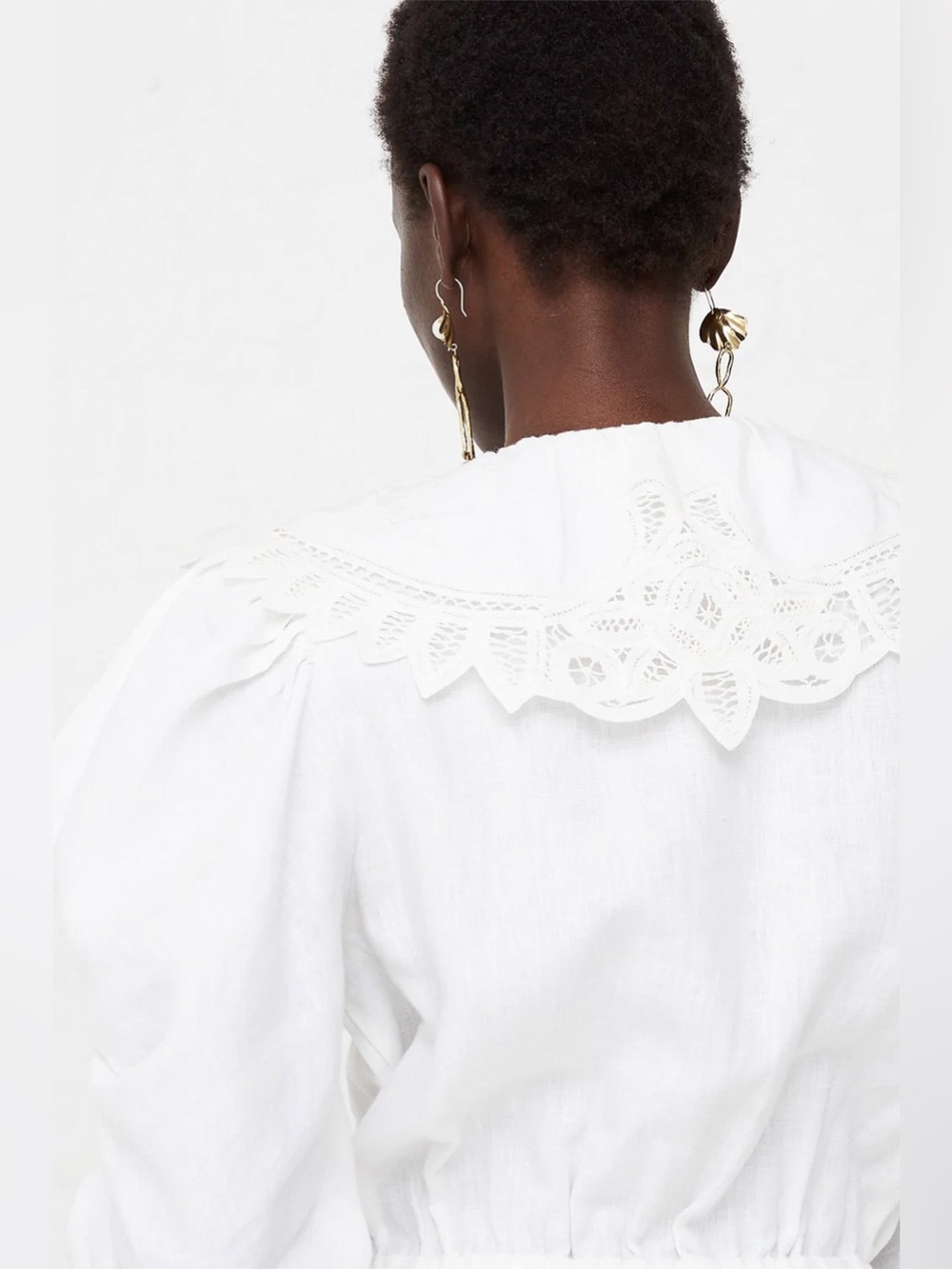 ULLA JOHNSON Fiona Midi Dress Bone White 100% Linen Size 8 Crochet Collar Tie - Picture 2 of 16